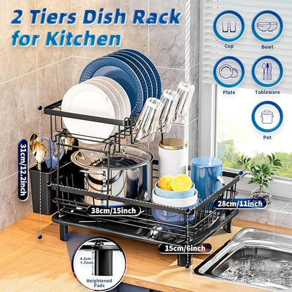 GAOKASE Dish Drying Rack, Stainless Steel-Dish Rack, Dish Racks for Kitchen Counter, Kitchen Dish Drainers with Removable Utensil Holder,New Drain Outlet,Plate Rack and Drainboard (Black 3) - Image 2