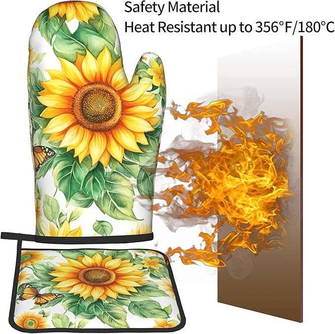 Sunflower Oven Mitts and Pot Holders Sets Watercolor Yellow Floral Plant Kitchen Gloves Hot Pads 2 Pieces Set Spring Summer Farmhouse Kitchen Decor and Accessories - Image 5