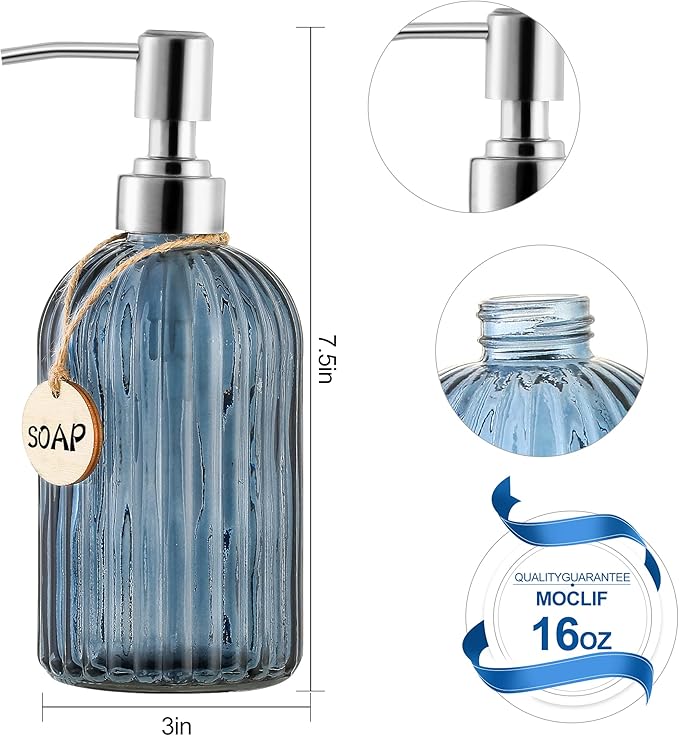 MOCLIF 16 OZ Soap Dispenser，Tempered Glass Clear Vertical Stripe with 304 Rust Proof Stainless Steel Pump Refillable Liquid Hand Soap Dispenser，for Bathroom, Kitchen, Dish Soap，Lotion (Blue Grey) - Image 2