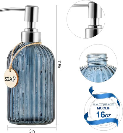 MOCLIF 16 OZ Soap Dispenser，Tempered Glass Clear Vertical Stripe with 304 Rust Proof Stainless Steel Pump Refillable Liquid Hand Soap Dispenser，for Bathroom, Kitchen, Dish Soap，Lotion (Blue Grey) - Image 2