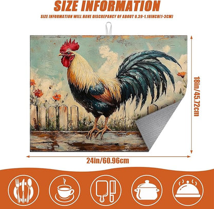 Vintage Rooster Dish Drying Mat for Kitchen Counter Microfiber Absorbent Dish Kitchen Drying Mat Draining Reusable Washable for Dishes/Utensils/Counterto