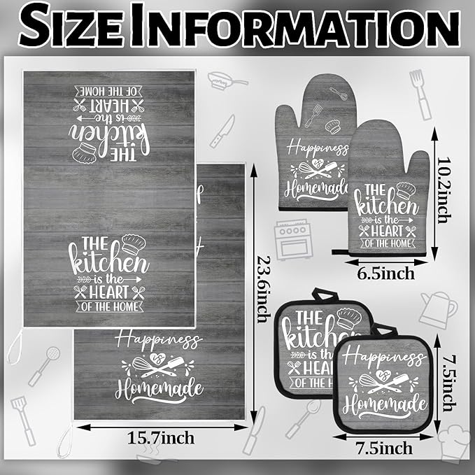 Sratte 6 Pcs Kitchen Decor Accessories Set Farmhouse Towels Pot Holders Oven Mitts Set 2 Dish Towels 2 Potholders 2 Cooking Mittens Oven Glove for Christmas Baking Cooking (Dark Gray) - Image 4