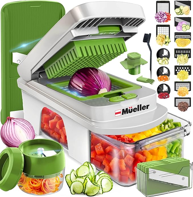Mueller Pro-Series All-in-One, 12 Blade Mandoline Slicer for Kitchen, Food Chopper, Cucumber Slicer and Spiralizer, Cutter, Dicer, Grater, Gifts for Mom, Kitchen Essentials, White Sand/Green by Mueller