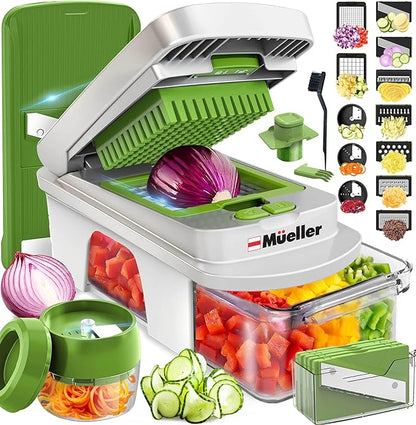 Mueller Pro-Series All-in-One, 12 Blade Mandoline Slicer for Kitchen, Food Chopper, Cucumber Slicer and Spiralizer, Cutter, Dicer, Grater, Gifts for Mom, Kitchen Essentials, White Sand/Green by Mueller