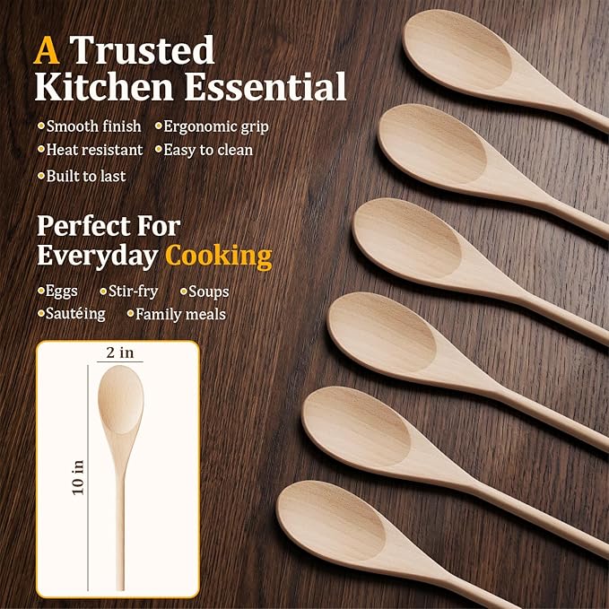 Wooden Spoons for Cooking, MORGLES 10-Inch Serving Spoons for Stirring Mixing Serving Long Handle Plastic Free Reusable Non Scratch Dishwasher Safe, 5PCS