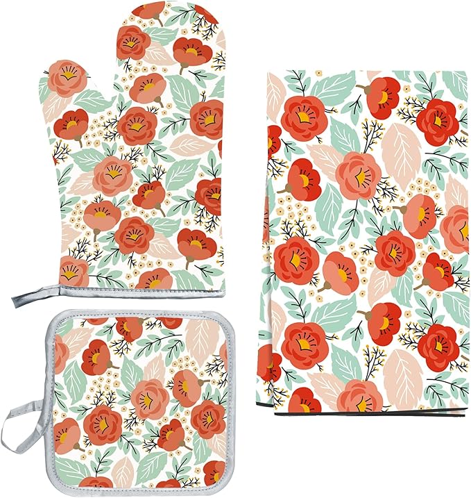 3 Pcs Kitchen Stuff, Kitchen Oven Mitts and Pot Holders Sets with Microfiber Wild Floral Kitchen Towels, Kitchen Accessories,Gifts for Women