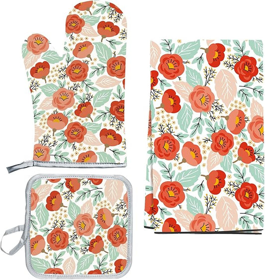 3 Pcs Kitchen Stuff, Kitchen Oven Mitts and Pot Holders Sets with Microfiber Wild Floral Kitchen Towels, Kitchen Accessories,Gifts for Women