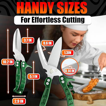 Heavy Duty Poultry Shears – Kitchen Shears Dishwasher Safe, Spring-Loaded, 3Cr14 Steel, Micro-Serrated, Separates for Easy Cleaning | Bone Scissors for Chicken, Turkey, Seafood & Fish Scale (Green)