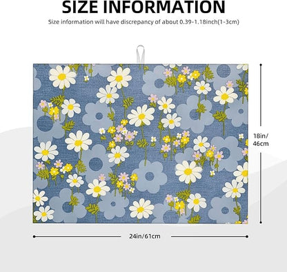 Daisy Flowers Dish Drying Mat for Kitchen Counter, 18"x24" Microfiber Absorbent Fast Dry Mat, 2Pcs Dish Mat Faucet Mats Sets, Large Drying Kitchen Mat Kitchen Drying Pad Coffee Bar Decor Gifts
