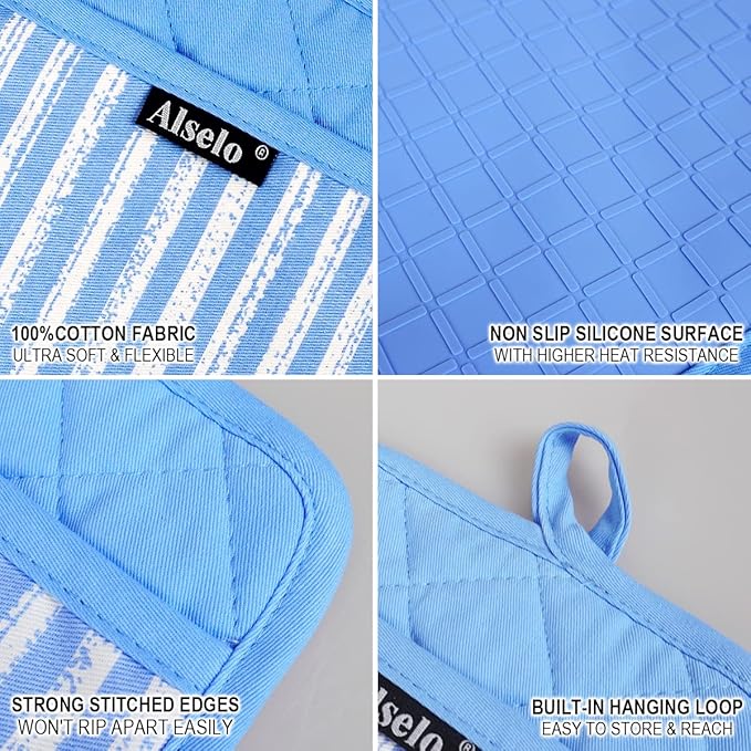 Alselo Silicone Pot Holders Set of 3 Heat Resistant & Non Slip Potholders, Professional Oven Hot Pads with Pockets Mitts for Kitchen Cooking Baking Barbecue (3, Blue) - Image 3