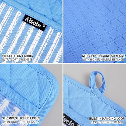 Alselo Silicone Pot Holders Set of 3 Heat Resistant & Non Slip Potholders, Professional Oven Hot Pads with Pockets Mitts for Kitchen Cooking Baking Barbecue (3, Blue) - Image 3