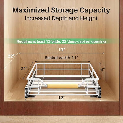 Pull out Cabinet Organizer, 12"W X 21"D, Heavy Duty Smooth Sliding Under Cabinet Shelves for Pots and Pans, Full-Extension Roll out Drawers, Slide out Organization for Home Kitchen Pantry, White - Image 3