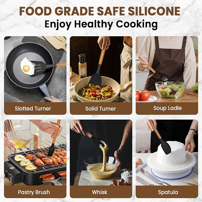 Kitchen Utensils Set - 12 Pcs Silicone Cooking Utensils Set with Wooden Handle - Heat Resistant Non-Stick BPA Free Spatula Set,Turner, Spoon, Brush, Silicone Kitchen Gadgets Utensil Set - Image 4