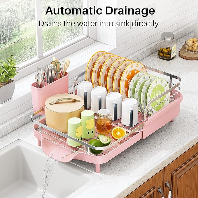 SAYZH Dish Drying Rack - Expandable Dish Rack for Kitchen Counter, Rust-Resistant Dish Drainer with Utensil Holder and Raised Guardrail, Kitchen Organizer for Cup and Bottle (Pink) - Image 4