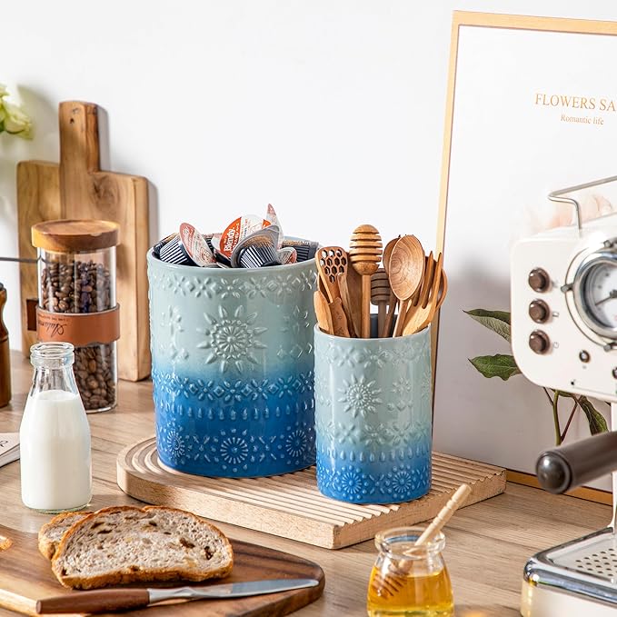 LOVECASA Utensil Holder, 7.2"+5.4" Ceramic Utensil Holder for Countertop, Large Cooking Utensil Crocks for Kitchen Counter, Farmhouse Utensil Vase for Housewarming, Kitchen Decor, Set of 2, Oceans - Image 5