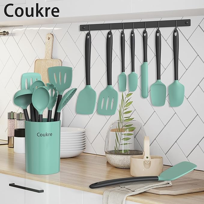 Coukre Silicone Kitchen Cooking Utensils Set with Holder – Heat-Resistant, Food-Grade Kitchen Tools, Spatula, Spoon & Gadgets for Non-Stick Pans, Dishwasher Safe (14, AquaGreen) - Image 6