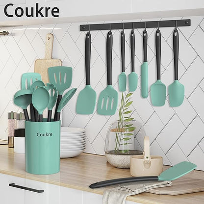 Coukre Silicone Kitchen Cooking Utensils Set with Holder – Heat-Resistant, Food-Grade Kitchen Tools, Spatula, Spoon & Gadgets for Non-Stick Pans, Dishwasher Safe (14, AquaGreen) - Image 6