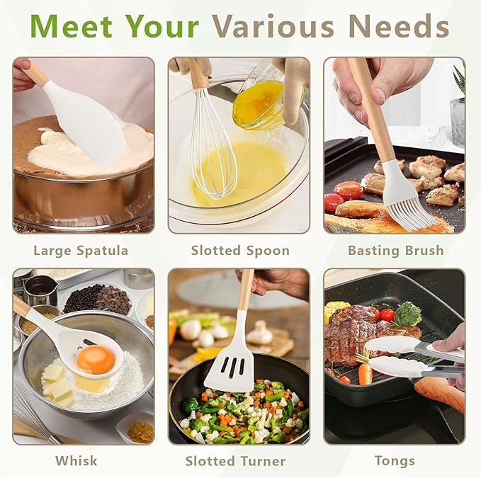 SAKAMOSH Silicone Cooking Utensils Set with Holder, 12 Pcs Heat Resistant Kitchen Utensils Set with Wooden Handle, BPA-free Spatula, Tongs, Spoons Set for Nonstick Cookware, White