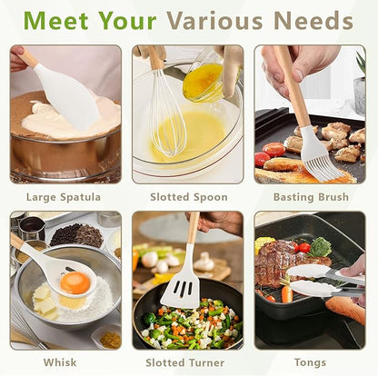 SAKAMOSH Silicone Cooking Utensils Set with Holder, 12 Pcs Heat Resistant Kitchen Utensils Set with Wooden Handle, BPA-free Spatula, Tongs, Spoons Set for Nonstick Cookware, White
