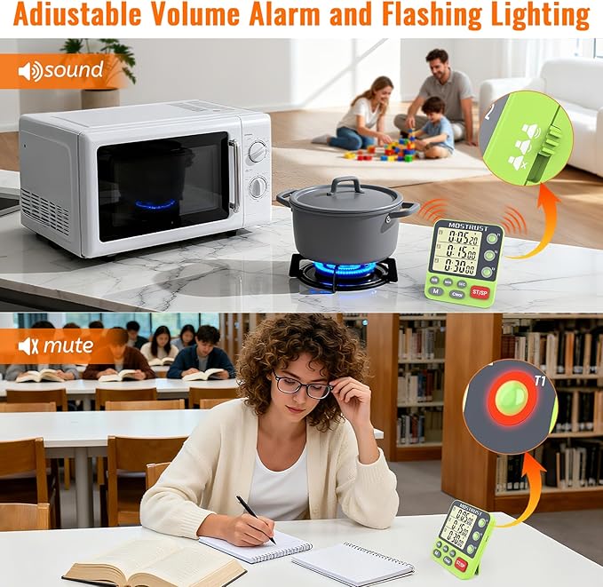 Digital Dual Kitchen Timer, 3 Channels Countdown Triple Timer for Cooking, Magnetic Memory-Preset Large-Display Adjustable Alarm Volume, Multi Times Management, 3A Battery Included, Green - Image 3