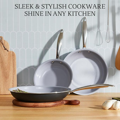 KITEXPERT Non Stick Frying Pans Set, Titanium Ceramic Pan Skillet Set Non Toxic, 8" 9.5" 11" Nonstick Frying Pan, Stainless Steel Handle, Dishwasher & Oven Safe, PFAS & PTFE & PFOA Free, Grey