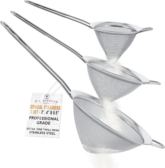U.S. Kitchen Supply Set of 3 Stainless Steel Conical Strainers - 3", 4" & 5.5" Sizes - Chinois Style, Extra Fine Twill Mesh Sieve, Stainless Steel Strainers and Colanders for Kitchen by USKitchenSupply