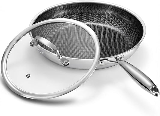 10 Inch Non Stick Frying Pan with Lid, Hybrid Nonstick Stainless Steel Skillet Pan with Stay-cooling Handle, PFOA Free Non Toxic Dishwash & Oven Safe Kithchen Cookware Set Compatible All Cooktops by HealthyCookingHappyLiving