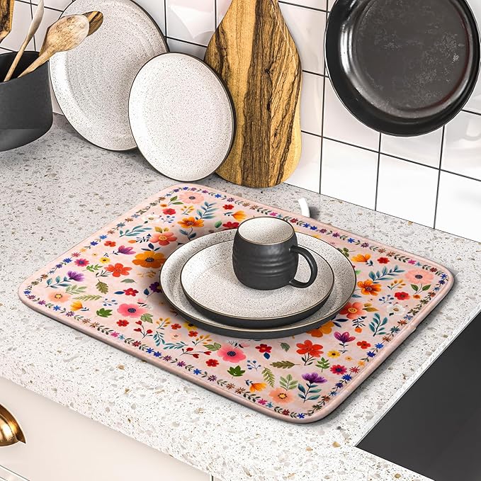 Boho Floral Dish Drying Mat - Pink Wildflower Absorbent Microfiber Kitchen Counter Pad for Home Coffee Bar Decor - Image 5