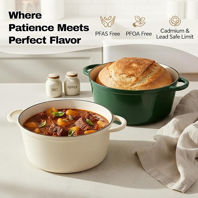 4.5 Quart Dutch Oven Pot with Lid, Non Stick Enameled Cast Iron Dutch Oven for Bread Baking, Heavy-Duty, Oven Safe Ceramic Cookware Up to 500°F for Baking, Braising, Stews, Roasting, Beige - Image 2
