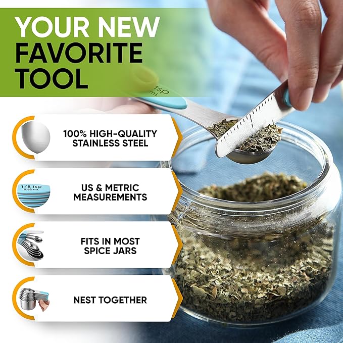 Spring Chef Magnetic Measuring Cups & Spoons Set, Patented, Strong Magnets, Heavy Duty Stainless Steel Fits in Spice Jars for Baking & Cooking, BPA Free, Round Set of 15 with Leveler, Aqua Sky - Image 5