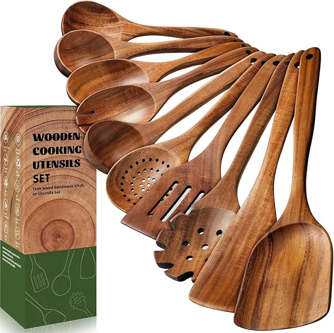 Terlulu 10 Pcs Wooden Spoons for Cooking, Natural Teak Wooden Kitchen Utensils Set, Durable Cooking Utensils Set with Comfort Grip for Cookware, Smooth Finish&NonStick& Heat Resistant Wooden Spatula by Terlulu