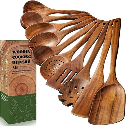 Terlulu 10 Pcs Wooden Spoons for Cooking, Natural Teak Wooden Kitchen Utensils Set, Durable Cooking Utensils Set with Comfort Grip for Cookware, Smooth Finish&NonStick& Heat Resistant Wooden Spatula by Terlulu