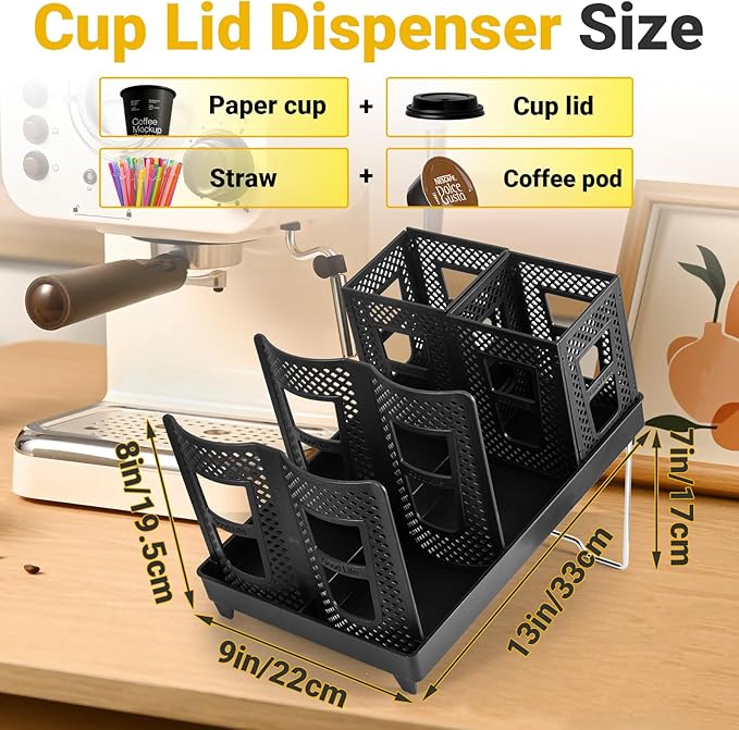 Cup and Lid Holder, Disposable Paper Cup Dispenser with Coffee Pod Straw Storage Basket, 6-Compartment Countertop Coffee Cup Holder for Coffee Stations, Break Rooms, Living Rooms (Black)