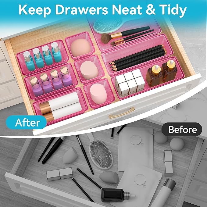 ElegantArray 12 PCS Drawer Organizer Set, 4 Sizes Tool Storage Trays, Clear Plastic Makeup Vanity Organizer and Storage Bins for Stationeries, Multiple Gadgets for Office, Bedroom, Pink - Image 3