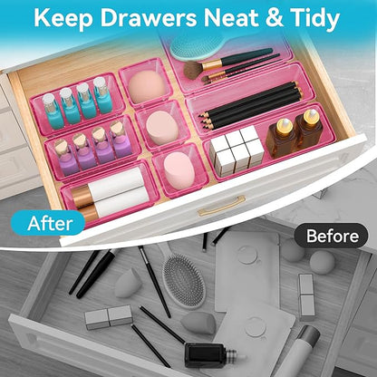 ElegantArray 12 PCS Drawer Organizer Set, 4 Sizes Tool Storage Trays, Clear Plastic Makeup Vanity Organizer and Storage Bins for Stationeries, Multiple Gadgets for Office, Bedroom, Pink - Image 3