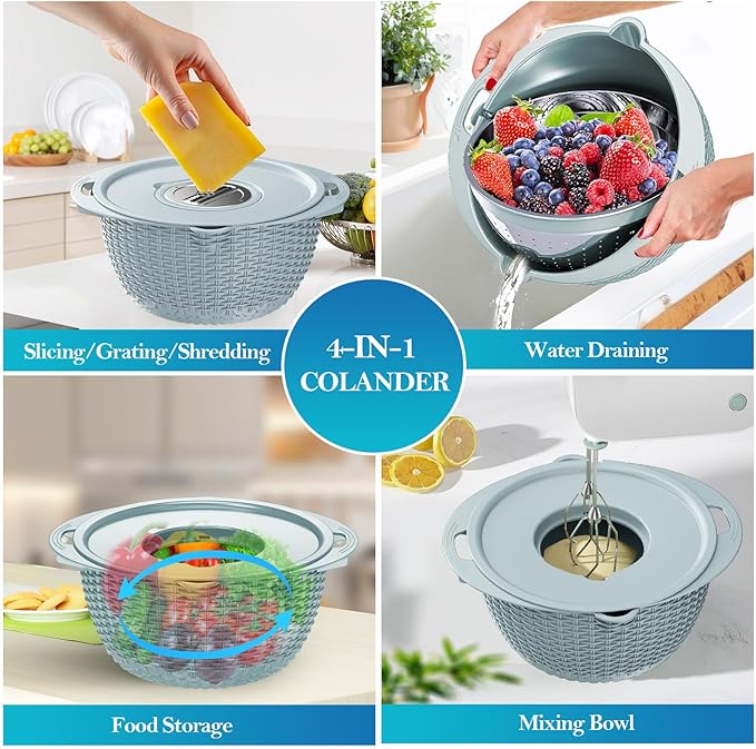 4 in 1 Colander with Mixing Bowl Set, Colander for Kitchen, Strainers and Colanders, Pasta Strainer, Fruit Cleaner, Veggie Wash, Aesthetic Kitchen Essentials - Blue - Image 6
