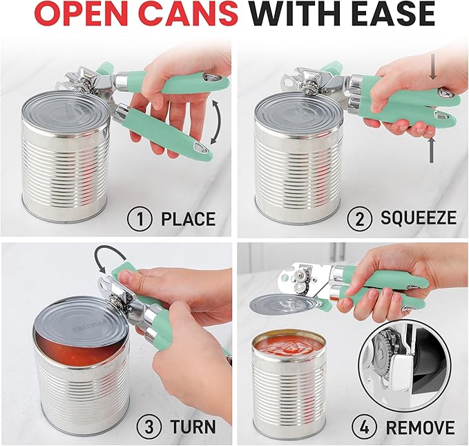 Zulay Kitchen Heavy Duty Stainless Steel Can Opener – Manual Can & Bottle Opener with Sharp Cutting Wheel & Soft Grip Handles – Ergonomic, Easy to Use Turn Knob - Mint - Image 6