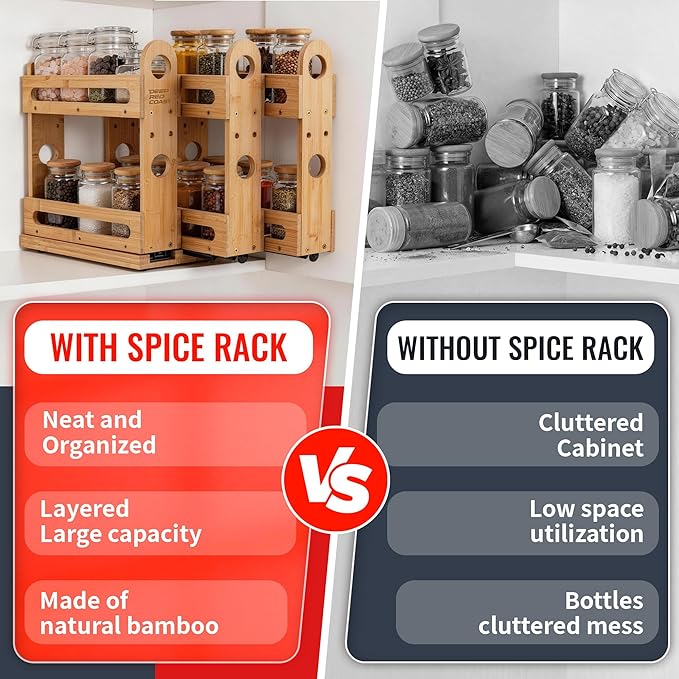 Pull Out Spice Rack Organizer for Cabinet Wide Slide Out Seasoning Rack Fits 2.1" Jars Large Capacity for Pantry Kitchen Cabinet 9" Deep Heavy Duty Easy Install