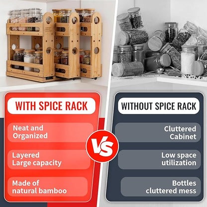 Pull Out Spice Rack Organizer for Cabinet Wide Slide Out Seasoning Rack Fits 2.1" Jars Large Capacity for Pantry Kitchen Cabinet 9" Deep Heavy Duty Easy Install