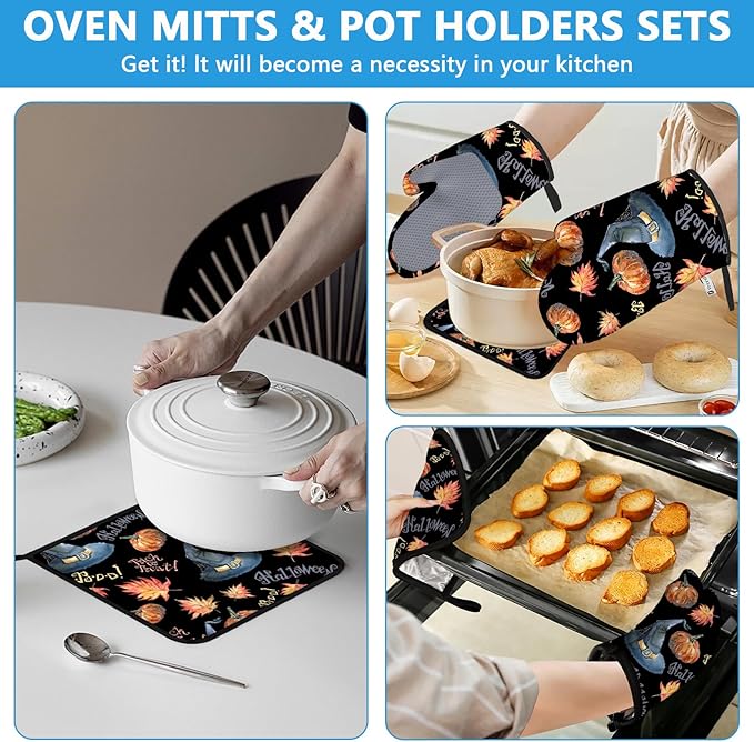 Halloween Pumpkin Autumn Maple Leave Oven Mitts and Pot Holders Sets Heat Resistant 4Pcs Potholders Oven Gloves Hot Pads for Kitchen Baking Cooking Grilling BBQ