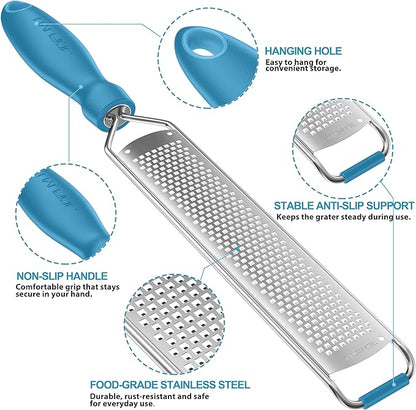 Zester Grater, Lemon Zester Grater with Handle, Premium Stainless Steel Citrus Zester for Parmesan, Garlic, Chocolate, Ginger, Non-Slip Grip, Safety Cover & Cleaning Brush, Blue