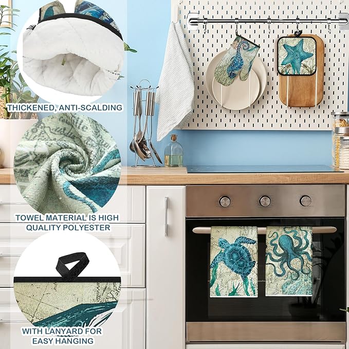 6 Pcs Sea Ocean Beach Kitchen Towels Pot Holders and Oven Mitts Set Coastal Dish Towel Ocean Animal Oven Gloves Heat Resistant Potholders for Kitchen Summer Cooking Gift - Image 2