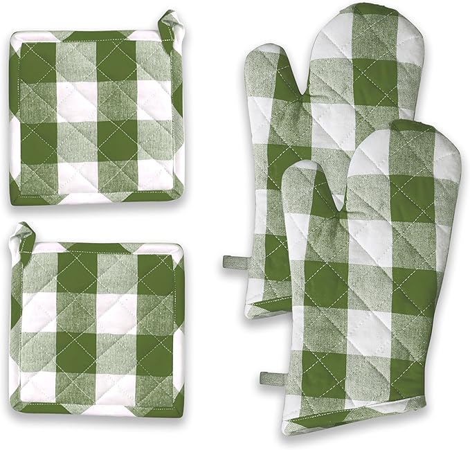 Buffalo Plaid Check Oven Mitts and Pot Holders Set, 100% Cotton, Heat Resistant, 2 Oven Gloves (7x13 Inches) and 2 Hot Pads (8x8 Inches) for Cooking and Baking, Mint Green White