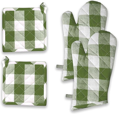 Buffalo Plaid Check Oven Mitts and Pot Holders Set, 100% Cotton, Heat Resistant, 2 Oven Gloves (7x13 Inches) and 2 Hot Pads (8x8 Inches) for Cooking and Baking, Mint Green White