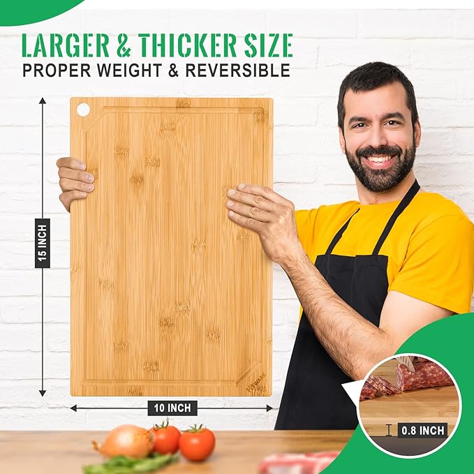 Hiware Bamboo Cutting Board for Kitchen, Heavy Duty Wood Cutting Board with Juice Groove, 100% Organic Bamboo, Pre Oiled, 15" x 10" - Image 2