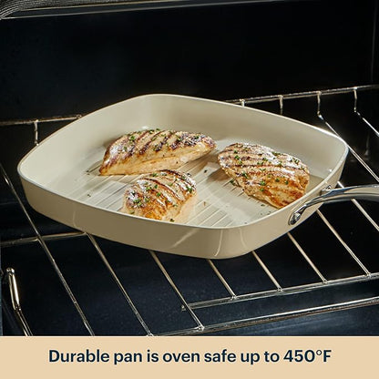 Pyrex 11-Inch Grill Pan Ceramic Cookware with Stainless Steel Handle, Healthy Nonstick Ceramic Coating, Induction Compatible Stainless Steel, PFAS Lead Cadmium BPA Free
