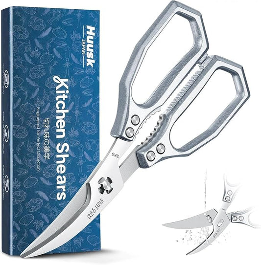 Huusk Silver Multi-Purpose Seafood Scissors - Easy to Take Apart for Thorough Cleaning -Sharp Kitchen Shears with Oversized Handles for Less Strain - for Crab, Shrimp, Christmas Gift for Men and Women