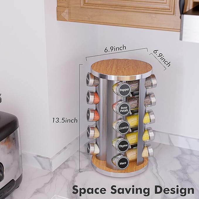 Revolving Spice Rack Set with 20 Spice Jars, Kitchen Spice Tower Organizer for Countertop or Cabinet -- Carousel Storage Includes 386 Spice Labels -- Desktop Rotating Seasoning Organizer - Image 4