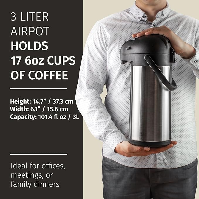 Cresimo Coffee Carafe with Pump - 102oz / 3L Airpot 12 Hours Large Hot Water Carafe, Cocoa Dispenser for Parties - Tea Flask, Insulated Stainless Steel Airpots for Hot Beverage Dispenser -Coffee Pump - Image 3