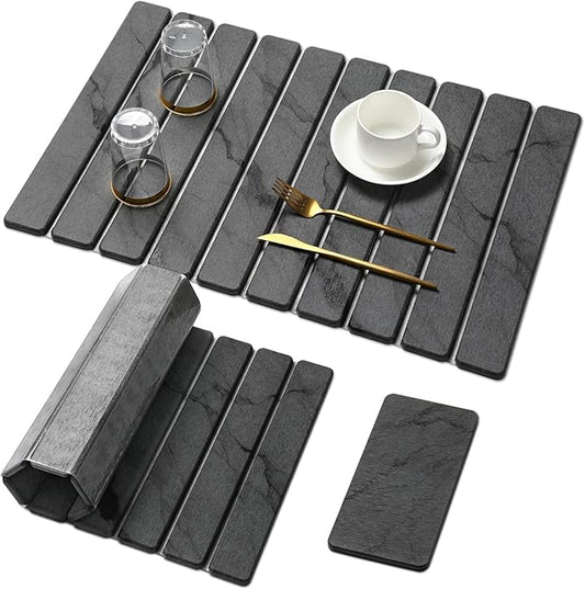 Large Stone Dish Drying Mat for Kitchen Counter, Quick Dry Stone Dishes Mats,Foldable Water Absorbing Diatomaceous Earth Drying Organizer Pad for Plate Rack Bottles Utensils(Dark Gray 24"×16" & 8"x4") by linidcoudhome